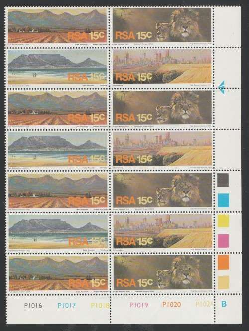 RSA 1975 TOURISM 15c MNH EXTENDED CONTROL BLOCK OF 14 PANE B