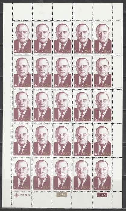 RSA 1978 BJ VORSTER 4c PERF 14 MNH FULL SHEET OF 25 IMPERF LEFT MARGIN