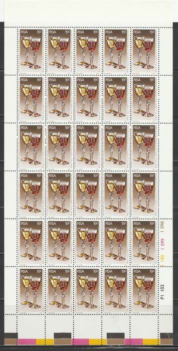 RSA 1977 WINE SYMPOSIUM 15c MNH FULL SHEET OF 30 IMPERF TOP MARGIN BLACK/BROWN BOTTOM RIGHT