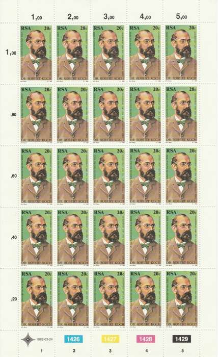 RSA 1982 DR ROBERT KOCH 20c MNH FULL SHEET OF 25