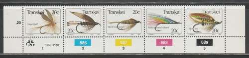 TRANSKEI 1984 FISHING FLIES MNH CONTROL STRIP OF 5