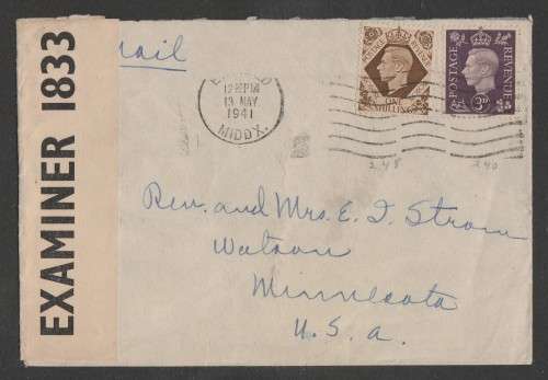 CENSOR MAIL - 1941 WWII COVER GB STAMPS TO MINNESOTA USA