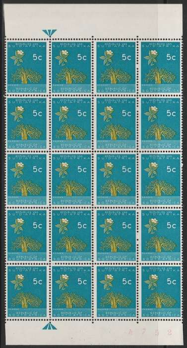 RSA 1961 1ST DEF 5c MNH ARROW BLOCK OF 20 WITH RED SHEET NUMBER SACC 214