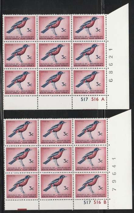 RSA 1973 1ST DEF 3c MNH EXTENDED CONTROL BLOCKS OF 9 PANE A AND B SACC 328