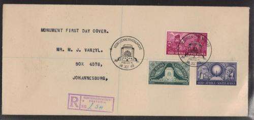 UNION SA 1949 INAUGURATION VOORTREKKER MONUMENT SET OF 3 SINGLES ON REG COM COVER WITH SPECIAL D/S