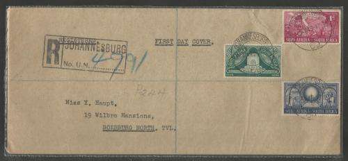 UNION SA 1949 VOORTREKKER MONUMENT SET OF 3 SINGLES ON REGISTERED PRIVATE FDC