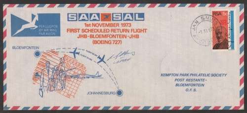 AVIATION 1973 KEMPAIR FLIGHT COVER  #5 - 1ST SCHEDULED SAA RETURN FLIGHT JHB - BLOEM  SIGNED BY CAPT