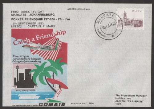 AVIATION 1983 KEMPAIR FLIGHT COVER  #1.51a - 1ST DIRECT FLIGHT MARGATE-JHB COMAIR FOKKER FRIENDSHIP