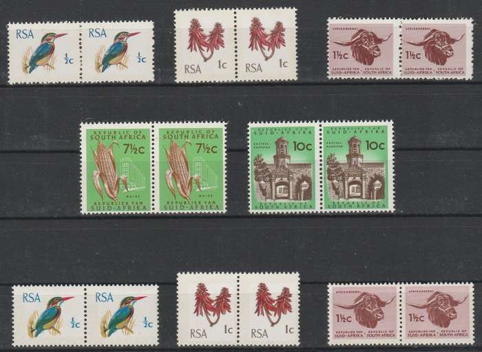 RSA 1969/72 1ST DEF SET OF 8 MNH PAIRS RSA TB WMK 5MM PHOSPHOR BANDS SWISS AND HARRISON PAPER