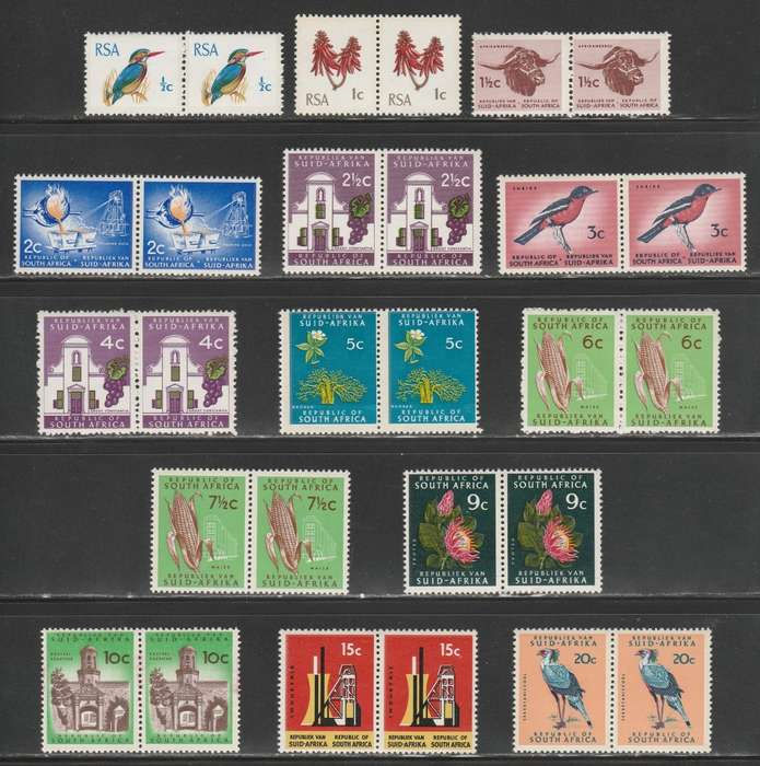 RSA 1969/72 1ST DEF SET OF 14 MNH PAIRS RSA TB WMK 3MM PHOSPHOR BANDS HARRISON PAPER