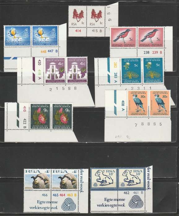 RSA 1971/72 1ST DEF SET OF 9 MNH PAIRS RSA TB WMK PHOSPHOR PAPER PERF 14