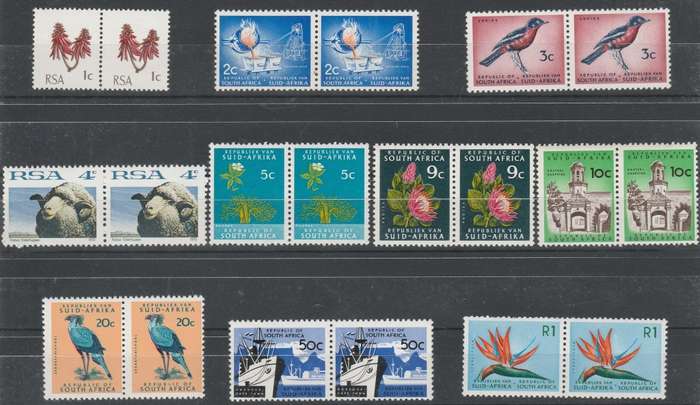 RSA 1972/74 1ST DEF SET OF 10 MNH PAIRS NO WMK PHOSPHOR GLOSSY PAPER PERF 12 1/2