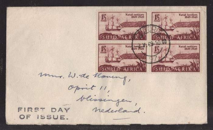 Union SA 1949 Arrival British Settlers block of 4 on private FDC