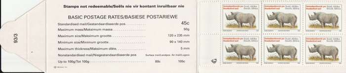 RSA 1993 RHINO BOOKLET WITH MNH LATIN COATED STAMPS FULLY PERFED FLAP 93/3 STATION 3 BY PRINTPAK