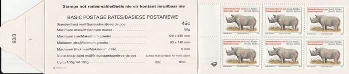 RSA 1993 RHINO BOOKLET WITH MNH LATIN COATED STAMPS FULLY PERFED FLAP 93/3 STATION 7 BY PRINTPAK