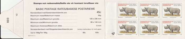 RSA 1993 RHINO BOOKLET WITH MNH LATIN COATED STAMPS FULLY PERFED FLAP 93/3 STATION 10 BY PRINTPAK