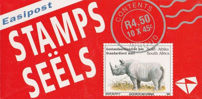 RSA 1993 RHINO BOOKLET WITH MNH LATIN COATED STAMPS FULLY PERFED FLAP 93/3 STATION 14 BY PRINTPAK
