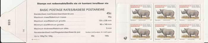 RSA 1993 RHINO BOOKLET WITH MNH LATIN COATED STAMPS FULLY PERFED FLAP 93/3 STATION 14 BY PRINTPAK