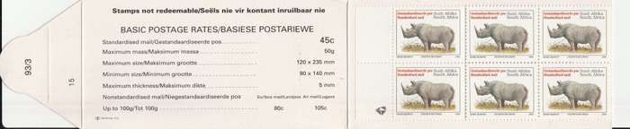 RSA 1993 RHINO BOOKLET WITH MNH LATIN COATED STAMPS FULLY PERFED FLAP 93/3 STATION 15 BY PRINTPAK