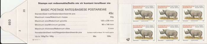 RSA 1993 RHINO BOOKLET WITH MNH LATIN COATED STAMPS FULLY PERFED FLAP 93/3 STATION 23 BY PRINTPAK