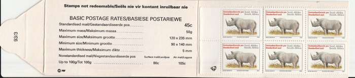 RSA 1993 RHINO BOOKLET WITH MNH LATIN COATED STAMPS FULLY PERFED FLAP 93/3 BY PBF ONLY