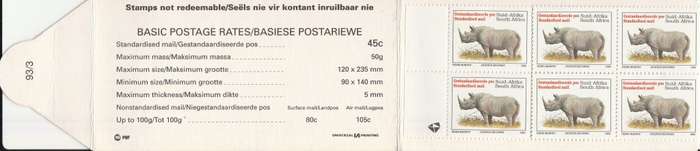 RSA 1993 RHINO BOOKLET WITH MNH LATIN COATED STAMPS FULLY PERFED FLAP 93/3 BY PBF UNIVERSAL