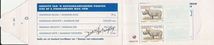 RSA 1994 RHINO BOOKLET ENGLISH TEXT HARRISON PAPER MNH STAMPS GUILLOTINED FLAP 11/94 D5 SIGNED
