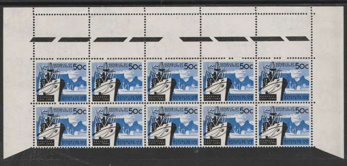 RSA 1961 1ST DEF 50c MINT TOP MARGINAL BLOCK OF 10 SACC 208