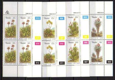 TRANSKEI 1986 ALOES SET OF 4 MNH CONTROL BLOCKS OF 4