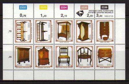 RSA 1992 ANTIQUE CAPE FURNITURE MNH FULL SHEET OF 10