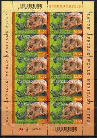 RSA 2000 STERKFONTEIN SKULL MNH FULL SHEET OF 10