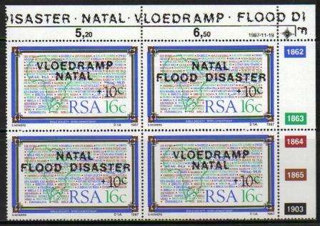 RSA 1987 NATAL FLOOD RELIEF FUND (BIBLE) MNH CONTROL BLOCK OF 4
