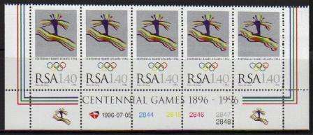 RSA 1996 OLYMPIC GAMES MOTIVE MNH CONTROL STRIP OF 5