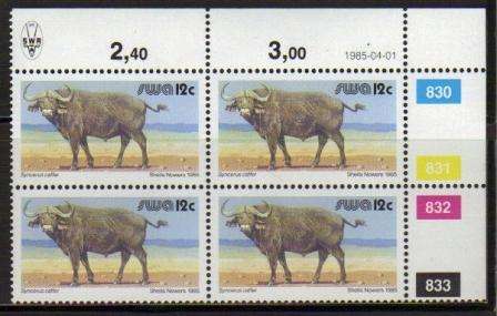 SWA 1985 3RD DECIMAL DEFINITIVE WILDLIFE 12c 830/833 MNH CONTROL BLOCK OF 4