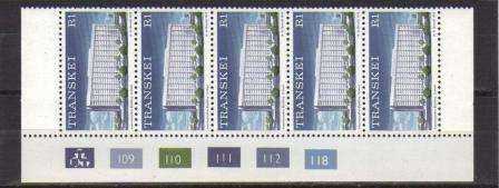 TRANSKEI 1976 1ST DEFINITIVE R1 109-118 MNH CONTROL STRIP OF 5