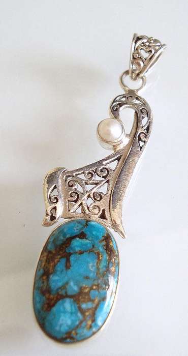 Beautiful pearl blue gold turquoise .925 sterling silver pendant