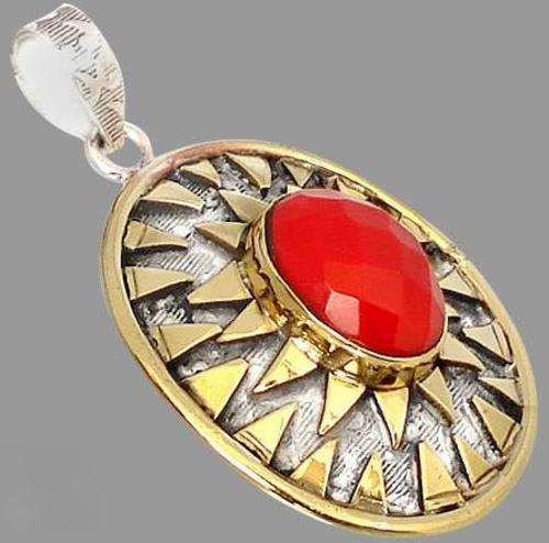 Victorian red blood coral   14K gold over  925 sterling silver solitaire pendant
