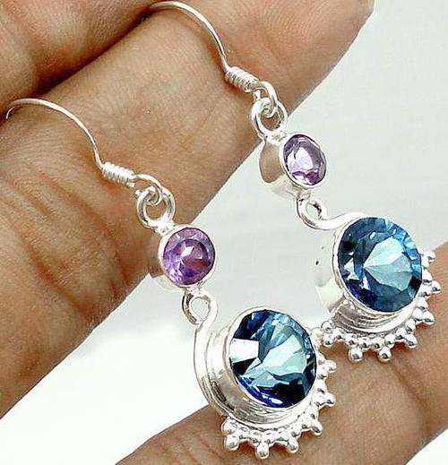 Blue rainbow topaz round 925 sterling silver earrings