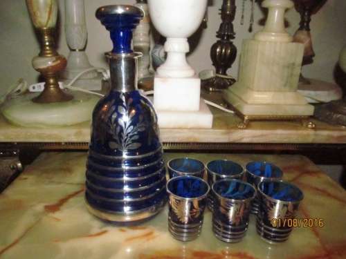 COBALT BLUE VENETIAN!! Superb Complete Set of Venetian Gasses + Decanter - Copious REAL Silver Inlay