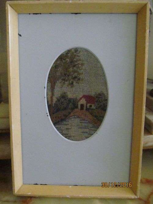 1930's EMBROIDERY !! Framed Embroidery of Little House with Landscape - Framed by Herbert Evans