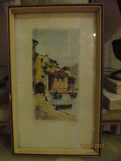 LAGO DI GARDA !! Framed Watercolor Print on Period Paper - Early 1900's - Landscape Art - Signed