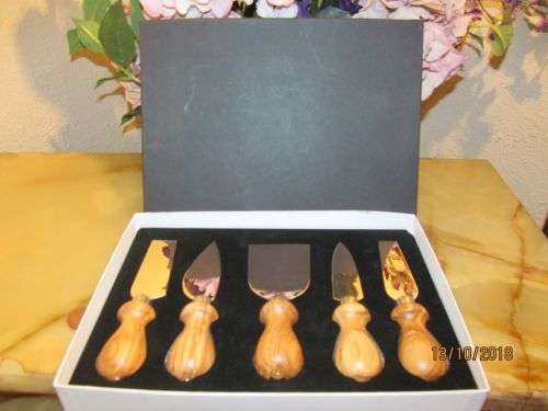 INOX ITALY !! Vintage 5-Piece Cheese Knife Set - Stainless & Olive Wood in Original Presentation Box