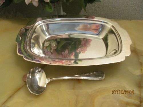 LINGARD !! Vintage Silver Plated Serving Dish with Rare Vintage Woodwind Design Ladle