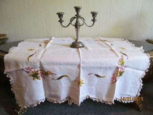 AUTUMNS' APPROACH !! Vintage White Linen Tablecloth with Crochet Border & Embroidered Leaf & Berries