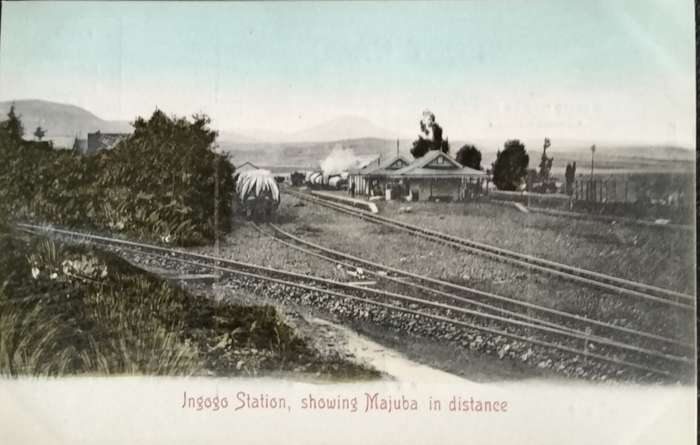 Vintage post card - South Africa - Ingogo station with Majuba mountains