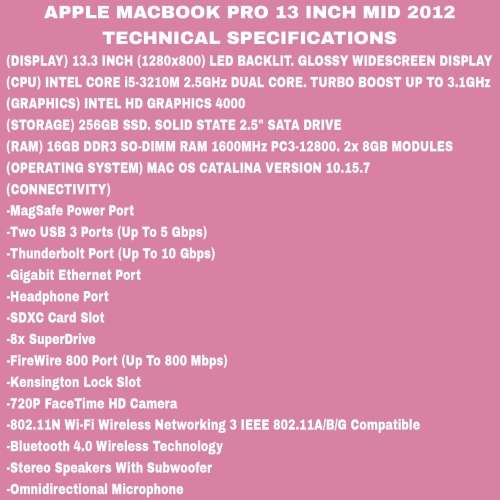 Apple MacBook Pro 13 Inch Mid 2012 Intel Core i5 256GB SSD/16GB RAM (1 Month Warranty)