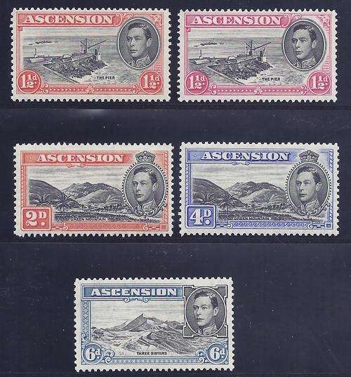 Ascension 1938 George VI perf 13 varieties: 5 values fine mint/UMM. See below.