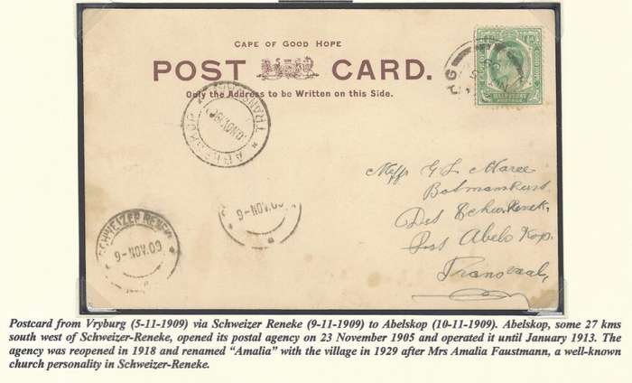 Transvaal 1909 Vryburg/Scweizer Reneke to ABELSKOP card.