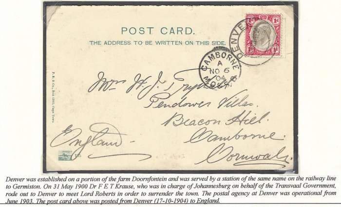 Transvaal Postal Agencies/Post Offices: Very early DENVER strike.