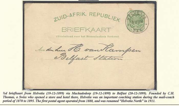 Transvaal Postal Agencies/Post Offices: HELVETIA ("RR").